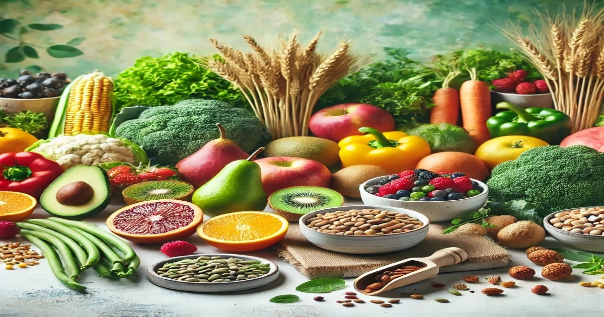 the image showcasing vibrant, fresh plant-based nutrition arranged to reflect health and sustainability. It visually complements the content on plant-based nutrition.