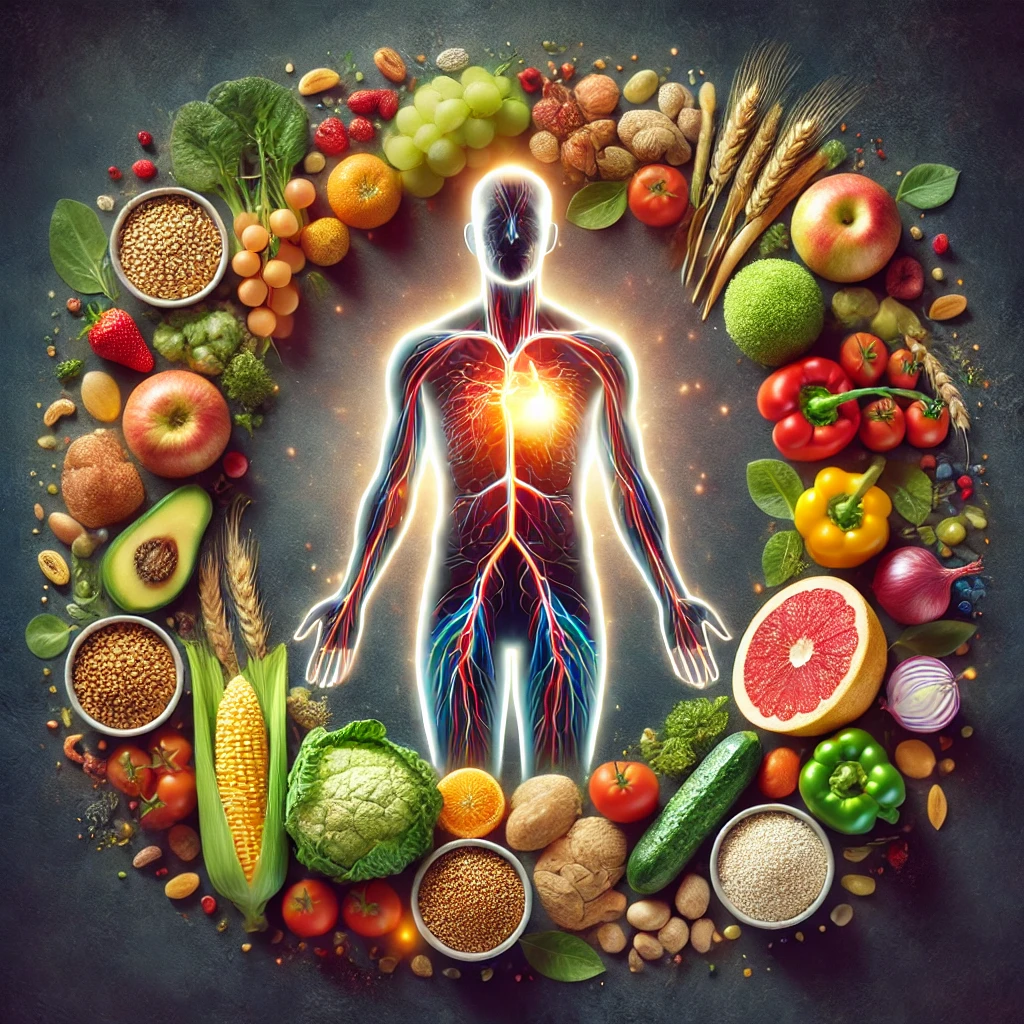 Illustration of the human body surrounded by fresh fruits, vegetables, and whole grains, symbolizing the role of nutrition in supporting cardiovascular and overall body health