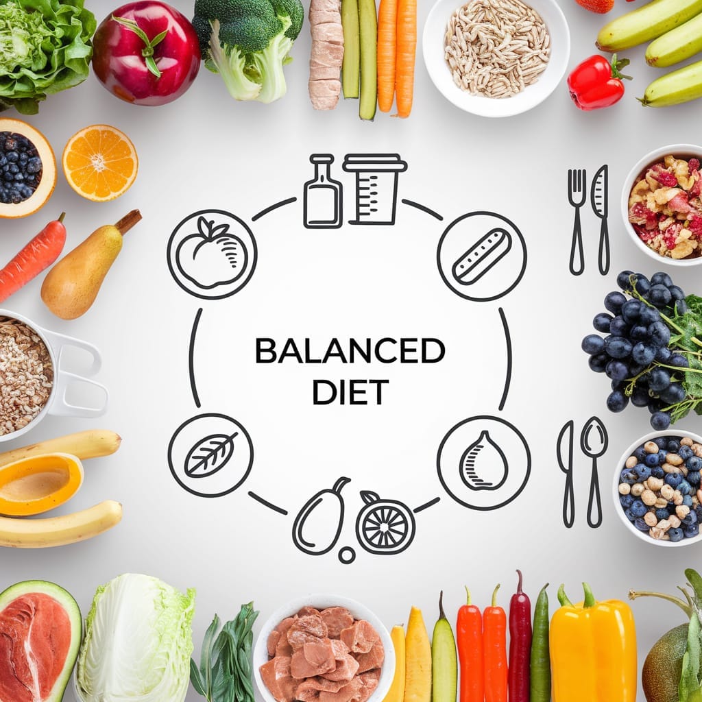 A variety of fruits, vegetables, grains, and proteins surrounding an illustration of a balanced diet, promoting healthy eating.