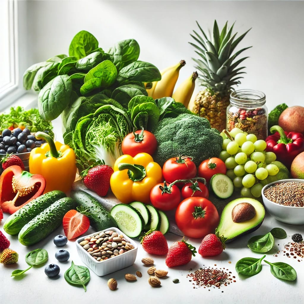 Wide array of fresh, nutrient-packed foods including leafy greens, bell peppers, cucumbers, tomatoes, grapes, bananas, pineapple, avocado, and various seeds and nuts. A colorful display promoting healthy eating with whole foods rich in vitamins and minerals