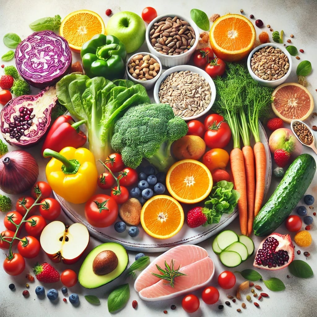 Plate surrounded by a variety of fresh, nutrient-dense foods, including colorful fruits, vegetables, seeds, nuts, and salmon. Items featured are carrots, oranges, bell peppers, broccoli, avocado, lettuce, tomatoes, berries, and grains, representing a balanced and healthy diet.