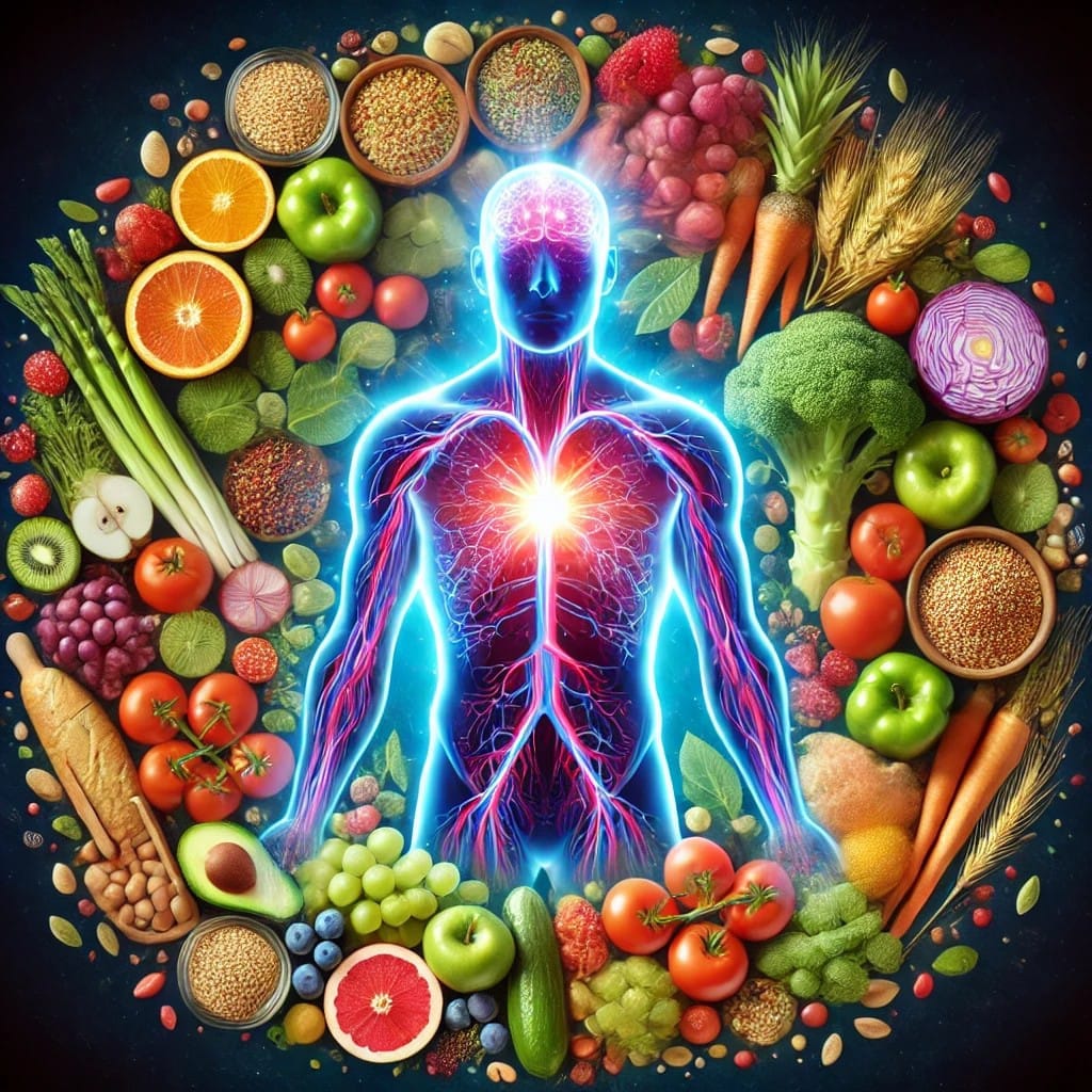 This image displays a glowing human figure with a focus on the cardiovascular system, featuring illuminated veins and arteries. Surrounding the figure is a vibrant array of healthy foods, including fruits, vegetables, whole grains, nuts, and seeds. The food selection includes oranges, apples, tomatoes, carrots, broccoli, kiwi, avocado, and various legumes, forming a circular pattern around the figure. The overall composition highlights the connection between a nutritious diet and heart health, symbolizing how balanced, whole foods nourish and support the body’s vital functions.