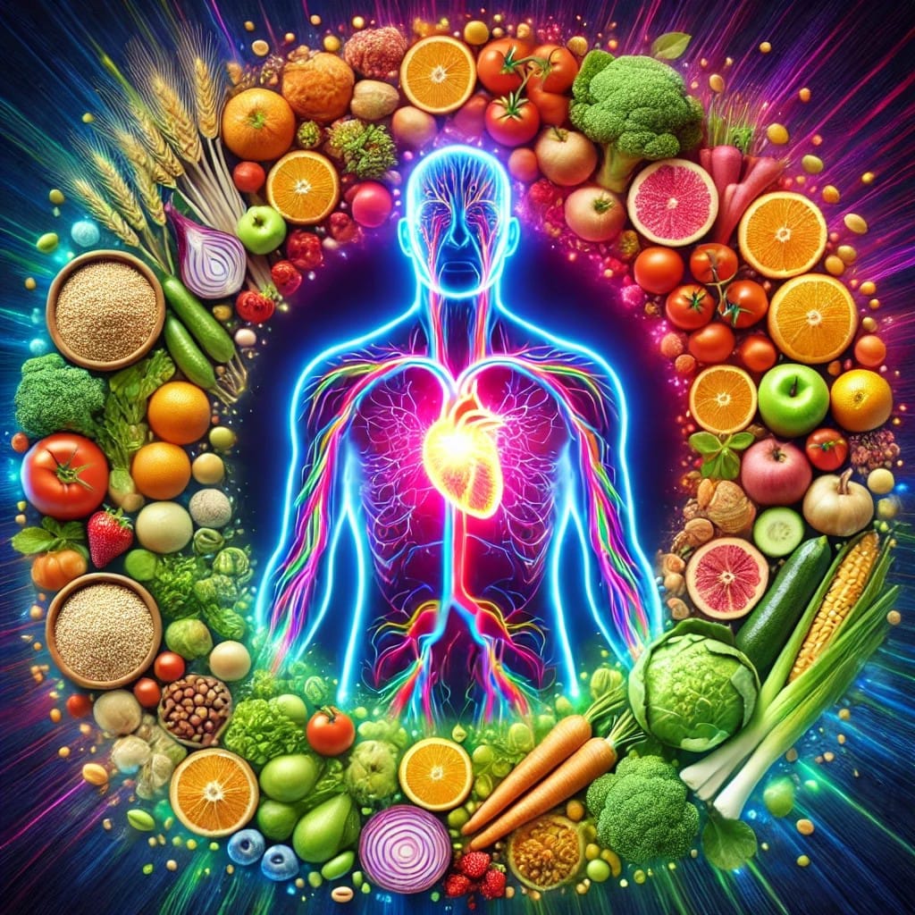 This image shows a vibrant representation of a human figure with glowing outlines of internal organs, including the heart, veins, and arteries. Surrounding the figure is a wide array of colorful fruits, vegetables, grains, and legumes, symbolizing healthy nutrition and its impact on the cardiovascular system. The image highlights a holistic approach to wellness, with fresh produce such as oranges, tomatoes, carrots, broccoli, spinach, and more, creating a circular frame around the body, visually connecting the importance of diet to heart and overall health.