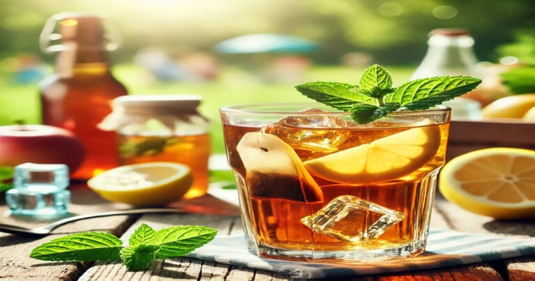 Refreshing glass of iced tea with lemon and mint on a wooden table outdoors, representing the nutritional breakdown of Twisted Tea Nutrition.