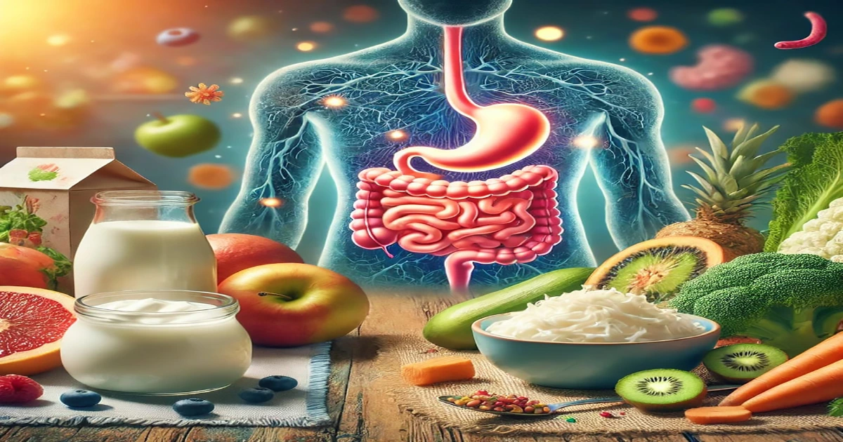 An illustration showcasing the human digestive system with a variety of natural foods like fruits, vegetables, yogurt, and whole grains. These foods are rich in nutrients that supportGut Health Improvement Naturally