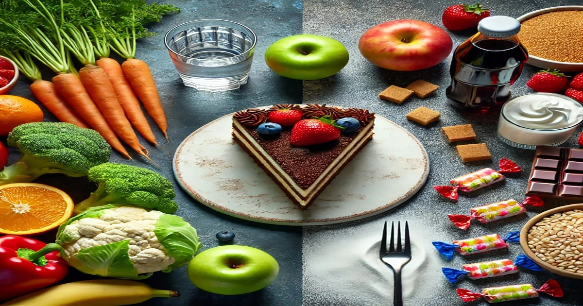 A contrasting arrangement of healthy and sugary foods. On the left side, whole foods like vegetables (carrots, broccoli, cauliflower), fruits (oranges, apples, bananas), and water emphasize a balanced diet. On the right side, sugary items like a chocolate cake, soda, candies, sugar cubes, and whipped cream highlight high sugar consumption. The image reflects the importance of reducing added sugars by choosing more natural, whole foods over processed and sugary alternatives.