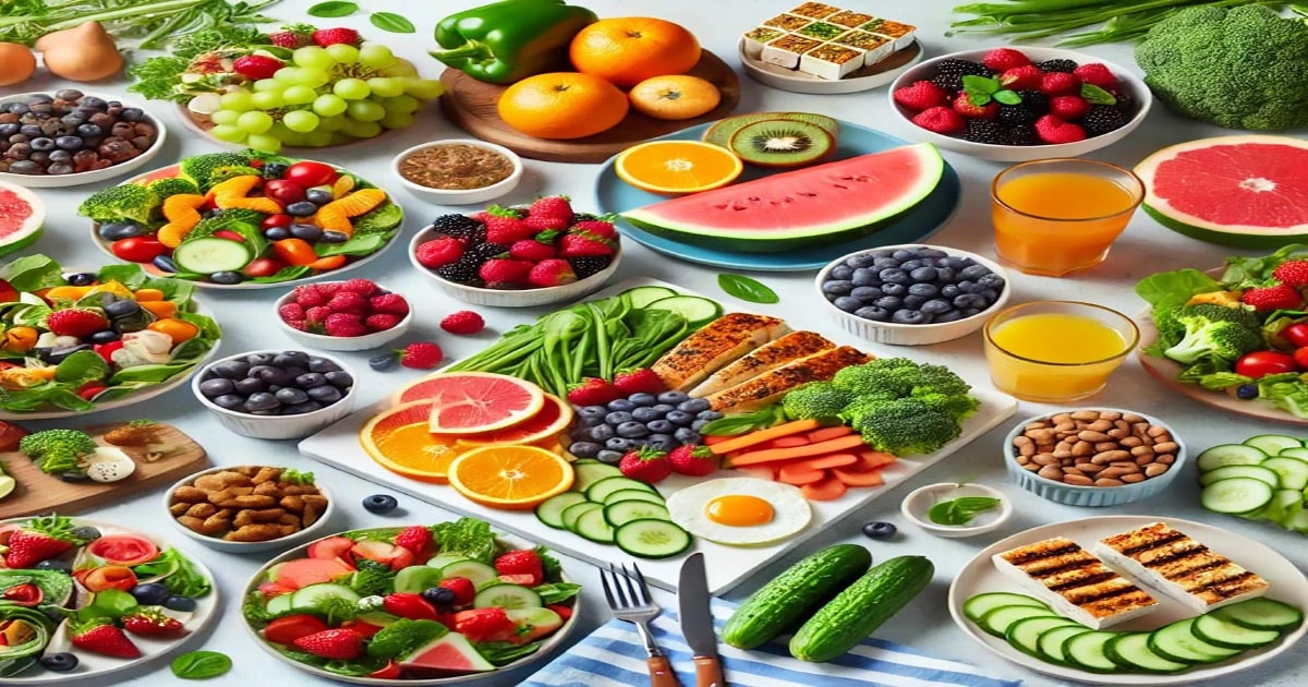 A vibrant meal spread showcasing volume eating for weight loss, featuring high-volume, low-calorie foods. The table includes colorful fruits like berries, oranges, and watermelon, along with leafy greens, broccoli, cucumbers, and lean proteins such as grilled chicken and tofu. The nutrient-dense ingredients are arranged to highlight a healthy, satisfying, and balanced approach to sustainable weight loss.