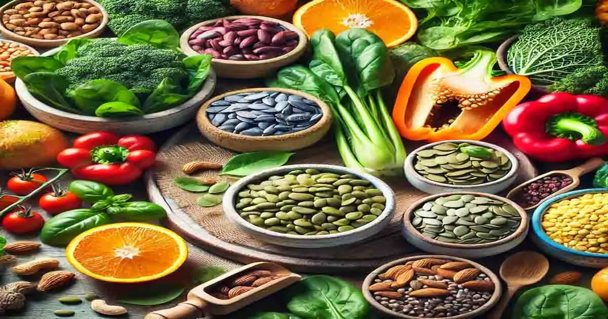 A colorful assortment of top iron sources for vegetarians, featuring leafy greens like spinach and kale, legumes such as lentils and beans, nuts like almonds and cashews, pumpkin seeds, and whole grains like quinoa, displayed alongside vitamin C-rich foods like citrus fruits and bell peppers to enhance iron absorption