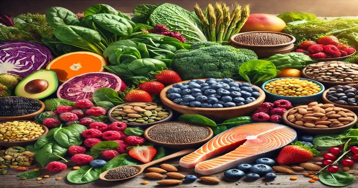 An assortment of the best nutrient-dense foods displayed on a wooden table, including leafy greens, colorful vegetables, berries, nuts, and seeds, highlighting their vibrant colors and textures