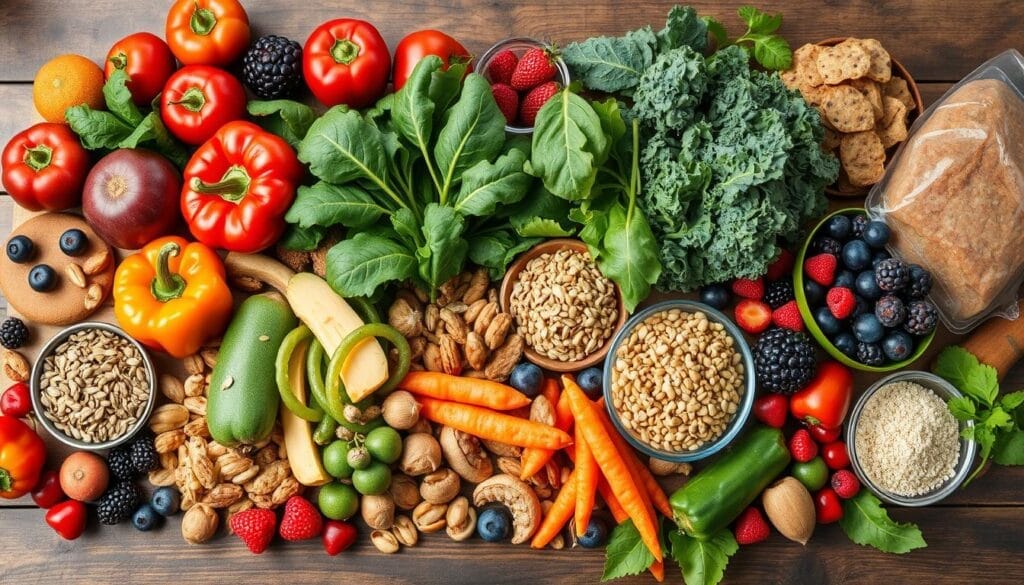 An assortment of the best nutrient-dense foods displayed on a wooden table, including leafy greens, colorful vegetables, berries, nuts, and seeds, highlighting their vibrant colors and textures