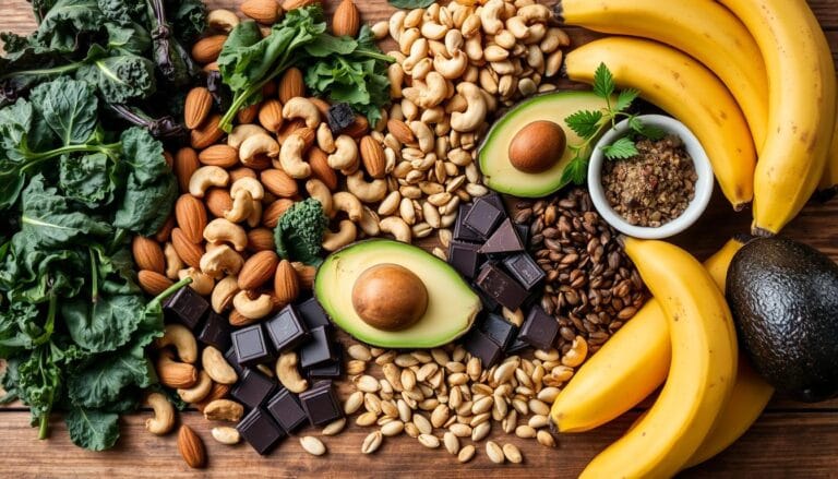 Magnesium-rich foods for stress relief, including leafy greens, nuts, seeds, avocados, bananas, and dark chocolate.