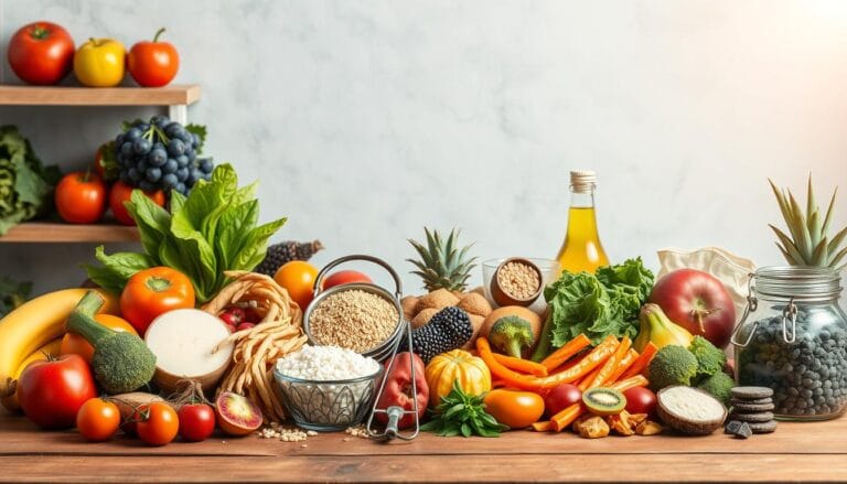 A colorful assortment of fresh vegetables, cheese, olive oil, black grapes, bananas, and other wholesome foods displayed together, showcasing a variety of healthy ingredients