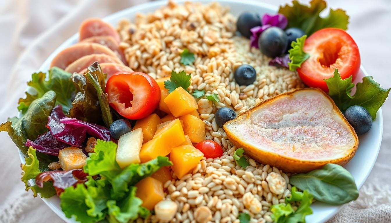 Colorful plate of fresh vegetables, fruits, grains, and lean protein, showing a balanced meal with no empty calories