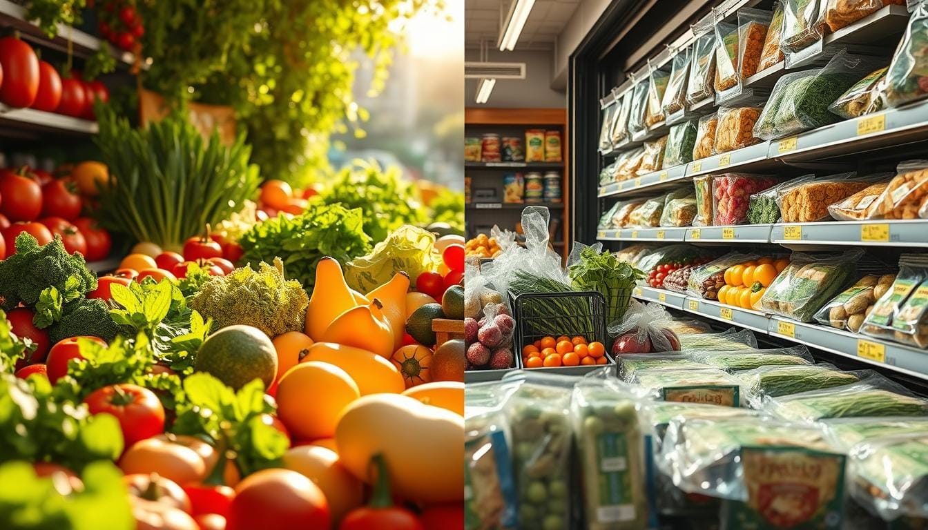 Organic vs Conventional Foods A comparison of fresh organic produce displayed outdoors on the left side and packaged conventional produce on supermarket shelves on the right side, highlighting the differences in presentation and packaging.