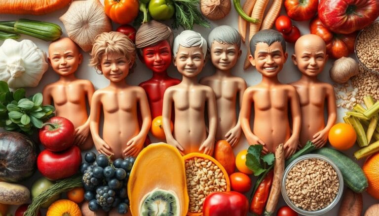 Micronutrient deficiency symptoms illustrated with diverse dolls surrounded by colorful fruits, vegetables, and grains, highlighting the importance of a balanced diet.