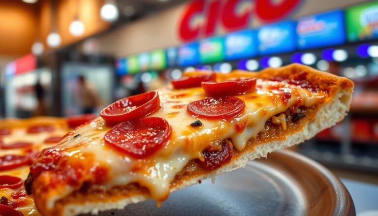 A delicious slice of Costco Pizza Slice Calories with a thick, cheesy layer, pepperoni toppings glistening, set against a vibrant food court backdrop, fresh ingredients, tantalizing textures, warm lighting highlighting the gooey cheese and crispy crust.