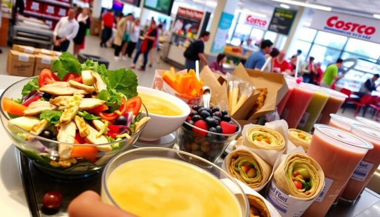 A vibrant and inviting display of healthy food options at a Costco Pizza Nutrition Facts court, featuring a colorful salad bowl with fresh vegetables, grilled chicken, and a light dressing, alongside a steaming bowl of vegetable soup and whole grain wraps. Surrounding these dishes are enticing fruit cups and smoothies, all set against the backdrop of a clean, bright food court environment filled with cheerful patrons enjoying their meals.