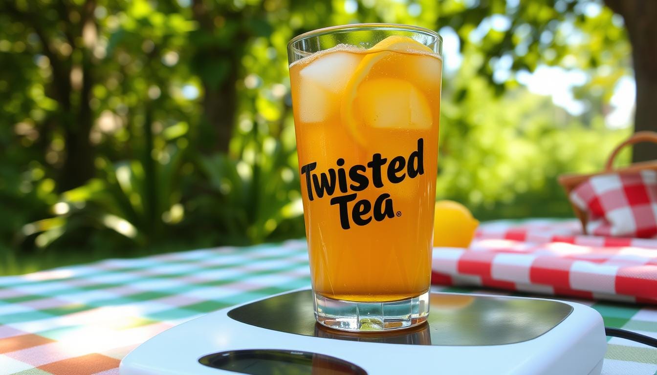 A refreshing glass of Twisted Tea Nutrition Facts with a vibrant lemon slice and ice cubes, surrounded by a scale measuring carbohydrates and sugar levels, set against a sunny outdoor picnic background with greenery and sunlight filtering through leaves.