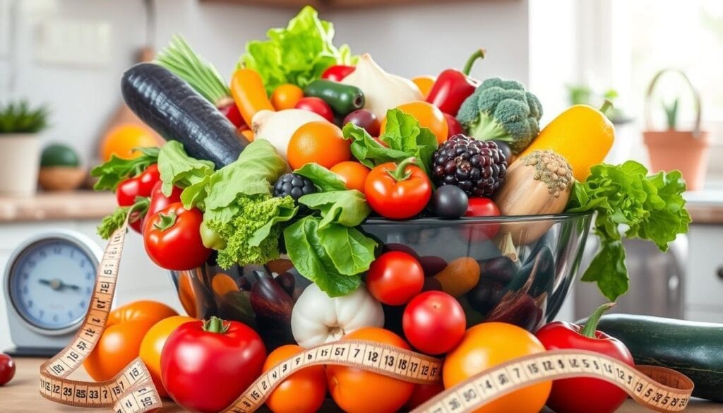 A vibrant meal spread showcasing volume eating for weight loss, featuring high-volume, low-calorie foods. The table includes colorful fruits like berries, oranges, and watermelon, along with leafy greens, broccoli, cucumbers, and lean proteins such as grilled chicken and tofu. The nutrient-dense ingredients are arranged to highlight a healthy, satisfying, and balanced approach to sustainable weight loss.