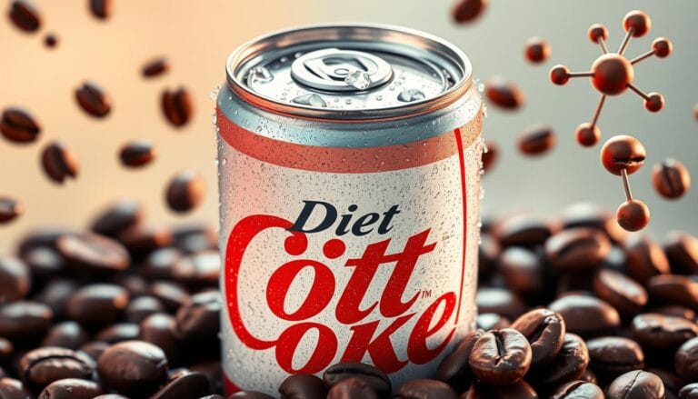 A close-up of a chilled can of Diet Coke Nutrition with condensation droplets, surrounded by coffee beans and caffeine molecules illustrated in a vibrant, abstract style, conveying a sense of energy and refreshment.