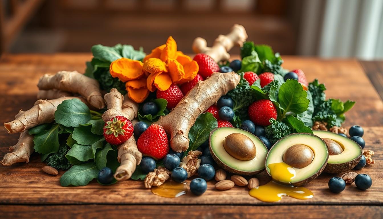 A vibrant display of colorful anti-inflammatory foods arranged artistically on a wooden table, featuring fresh turmeric roots, ginger rhizomes, leafy greens like spinach and kale, bright berries including blueberries and strawberries, avocados, nuts like walnuts and almonds, and a drizzle of olive oil, all against a soft, natural background with warm lighting.