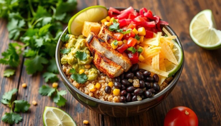 A colorful Chipotle Bowl Nutrition filled with ingredients, featuring vibrant layers of brown rice, black beans, grilled chicken, fresh guacamole, corn salsa, shredded cheese, and crisp lettuce. The bowl is garnished with cilantro and lime wedges, placed on a rustic wooden table with fresh ingredients scattered around for a healthy and appetizing look.