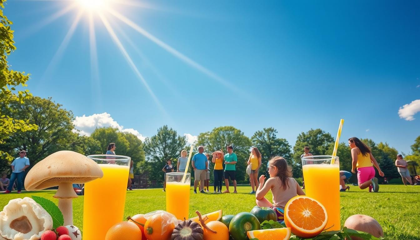 A sunlit scene depicting various food sources rich in vitamin D, highlighting the vitamin D benefits for immunity and bone health.