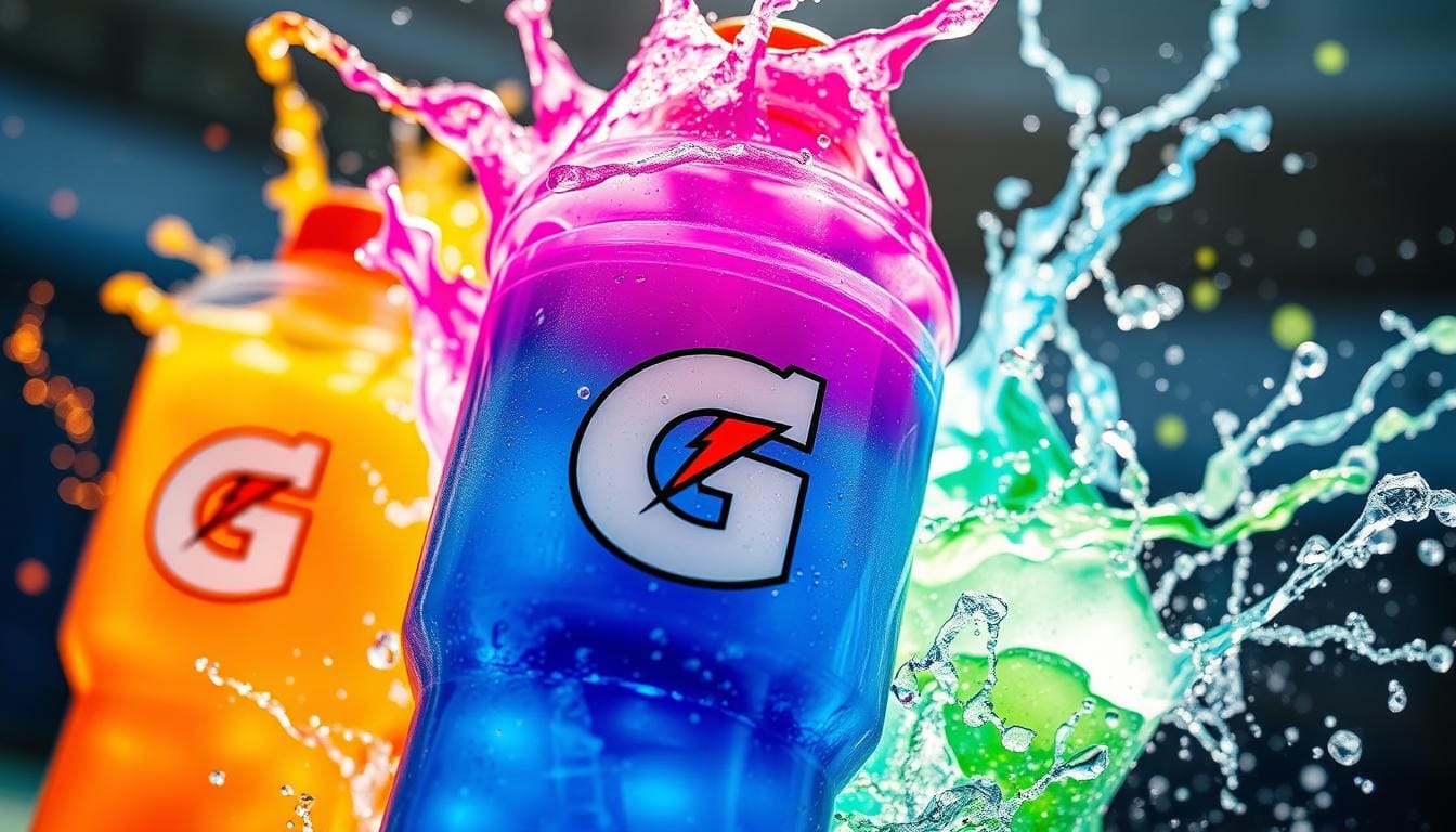 A vibrant close-up of Gatorade Nutrition in a refreshing sports setting, featuring colorful liquid splashes representing different flavors, with sugar crystals glistening in sunlight, surrounded by dynamic energy visuals like lightning bolts and abstract representations of electrolytes, evoking a sense of hydration and vitality.