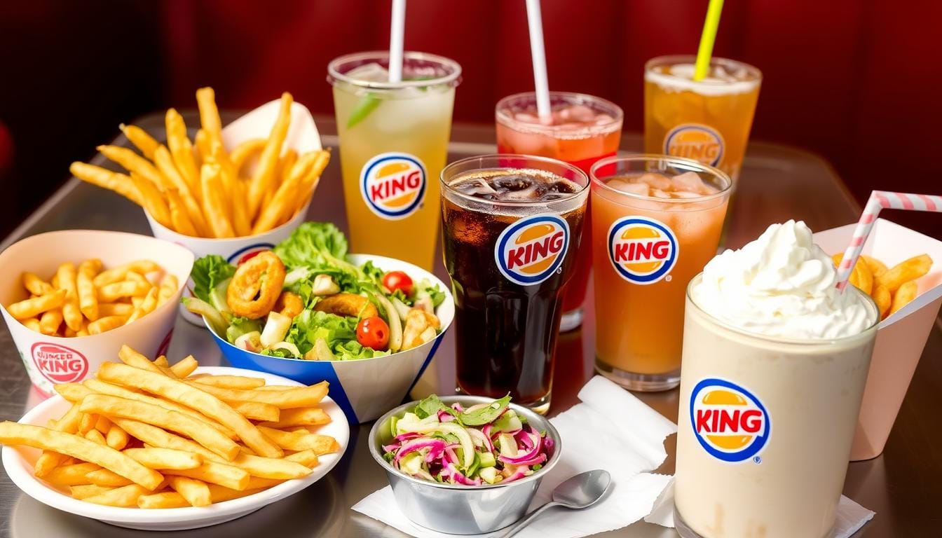 Burger King Nutrition visually appealing arrangement of Burger King sides, including crispy french fries, onion rings, and a garden salad, accompanied by a variety of colorful beverages such as sodas in branded cups, a refreshing iced tea, and a milkshake with whipped cream on top. The backdrop features a diner-style table setting, creating a vibrant and appetizing atmosphere.