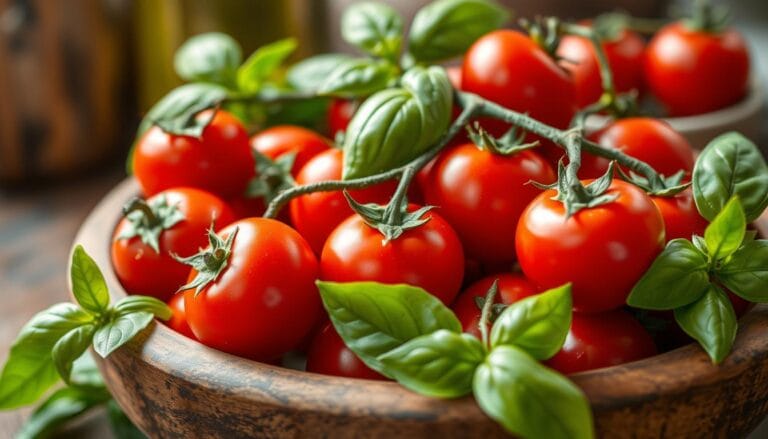 A vibrant, close-up composition of fresh Cherry Tomatoes' arranged in a wooden bowl, surrounded by green basil leaves and drizzled with olive oil. The background features a rustic kitchen setting with soft natural light, highlighting the glossy texture of the tomatoes and their rich red color, evoking a sense of health and freshness.