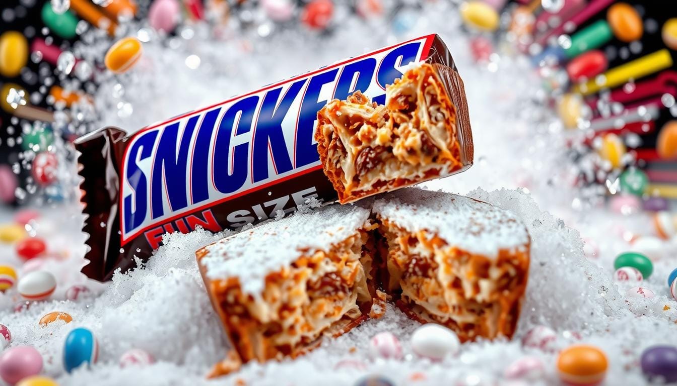 An artistic representation of a Nutritional Value of Snickers Fun candy bar, sliced in half to reveal its inner layers, surrounded by a cascade of sparkling sugar crystals, highlighting the sugary texture. The background features a colorful explosion of candy-themed elements, with a focus on sweetness and indulgence, capturing the essence of sugar content in a playful and vibrant manner.