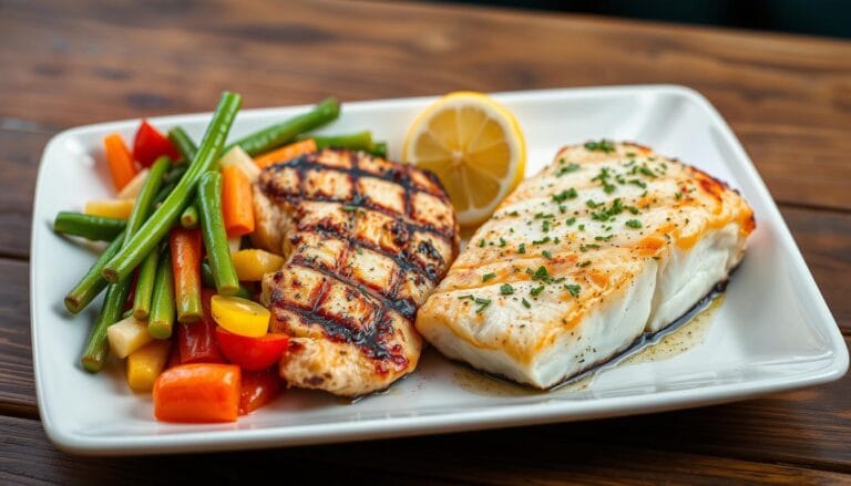 Texas Roadhouse Nutrition beautifully plated dish featuring grilled chicken breast and a perfectly cooked salmon fillet, garnished with fresh herbs, served alongside a colorful medley of steamed vegetables and a light lemon wedge, all set on a rustic wooden table with warm, ambient lighting.