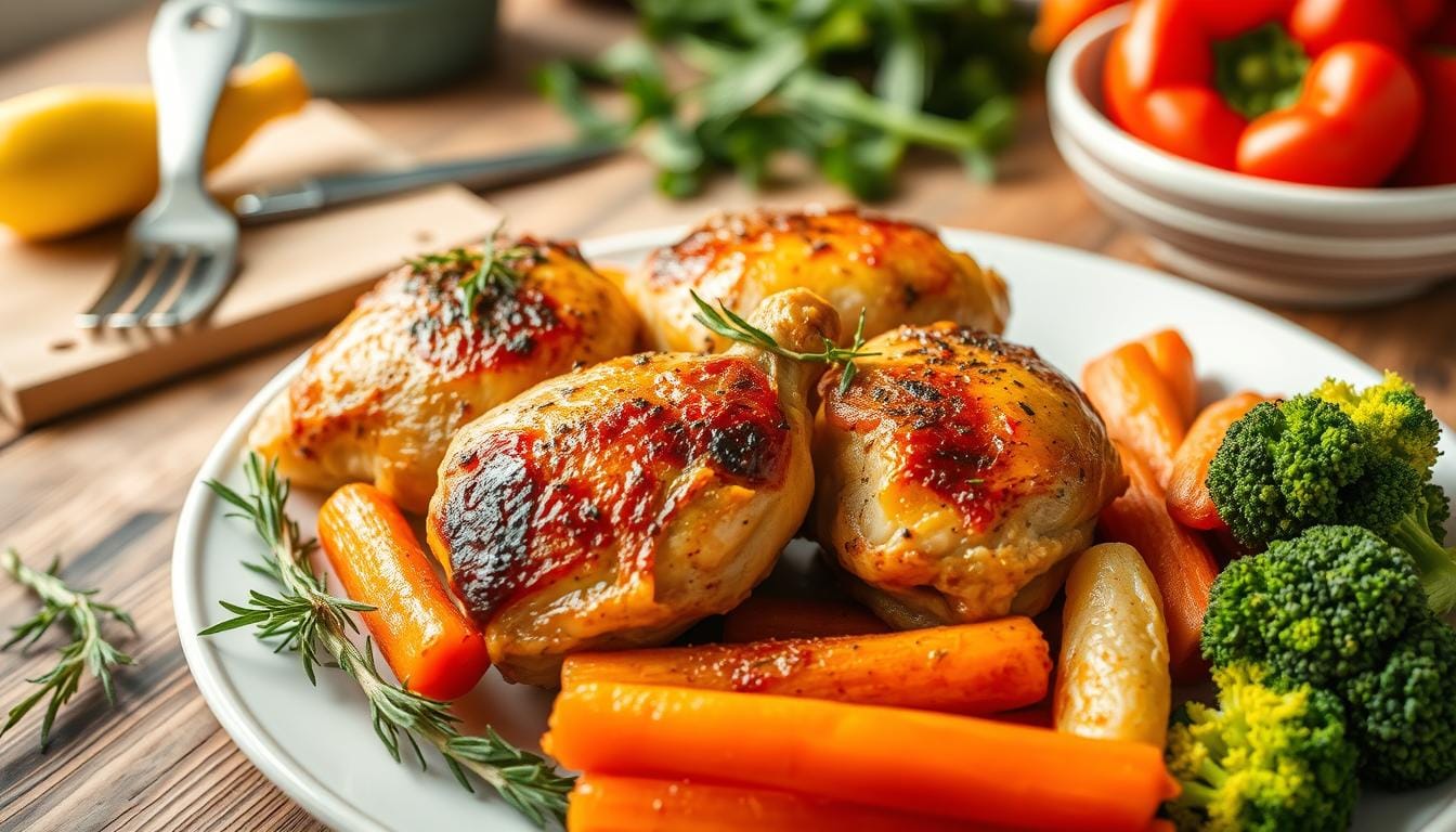 A beautifully arranged plate showcasing roasted Chicken Thigh Nutrition, garnished with fresh herbs like rosemary and thyme, surrounded by vibrant vegetables such as bell peppers, carrots, and broccoli. In the background, a rustic wooden table setting with kitchen utensils and natural lighting highlighting the juicy texture of the chicken.