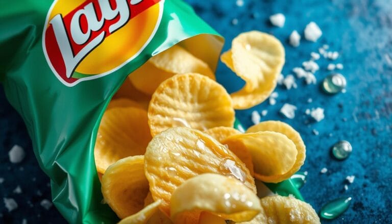 A visually appealing arrangement of Lay's Salt and Vinegar Chips in a rustic bowl, surrounded by fresh sea salt and a small bottle of vinegar, with a backdrop of a colorful picnic setting. The scene captures the crunchiness of the chips alongside elements representing their tangy flavor, like scattered whole peppercorns and a hint of green herbs, all under soft natural lighting that enhances the textures.