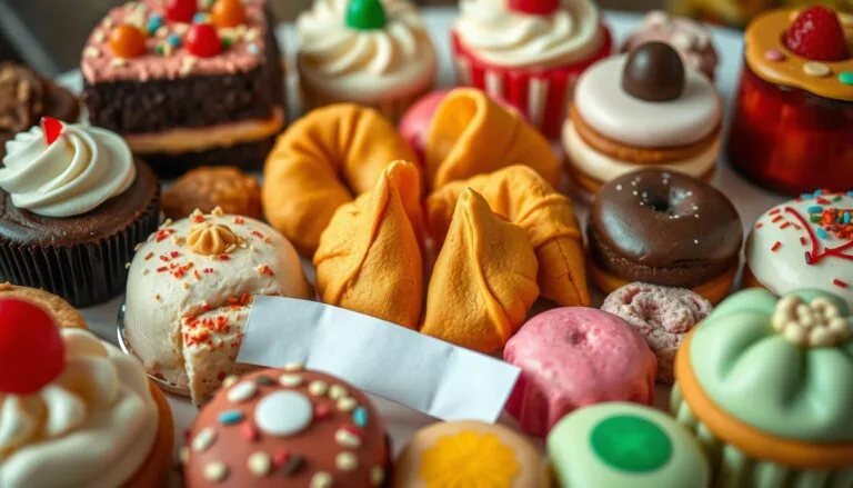 Fortune Cookie Nutritional colorful assortment of desserts displayed on a table, featuring fortune cookies prominently in the center, surrounded by cakes, cookies, and pastries. Each dessert is artistically arranged, highlighting the textures and colors, with a focus on the golden-brown fortune cookies, showing a hint of their crispy edges and smooth surfaces. The background is softly blurred to enhance the visual appeal of the desserts.