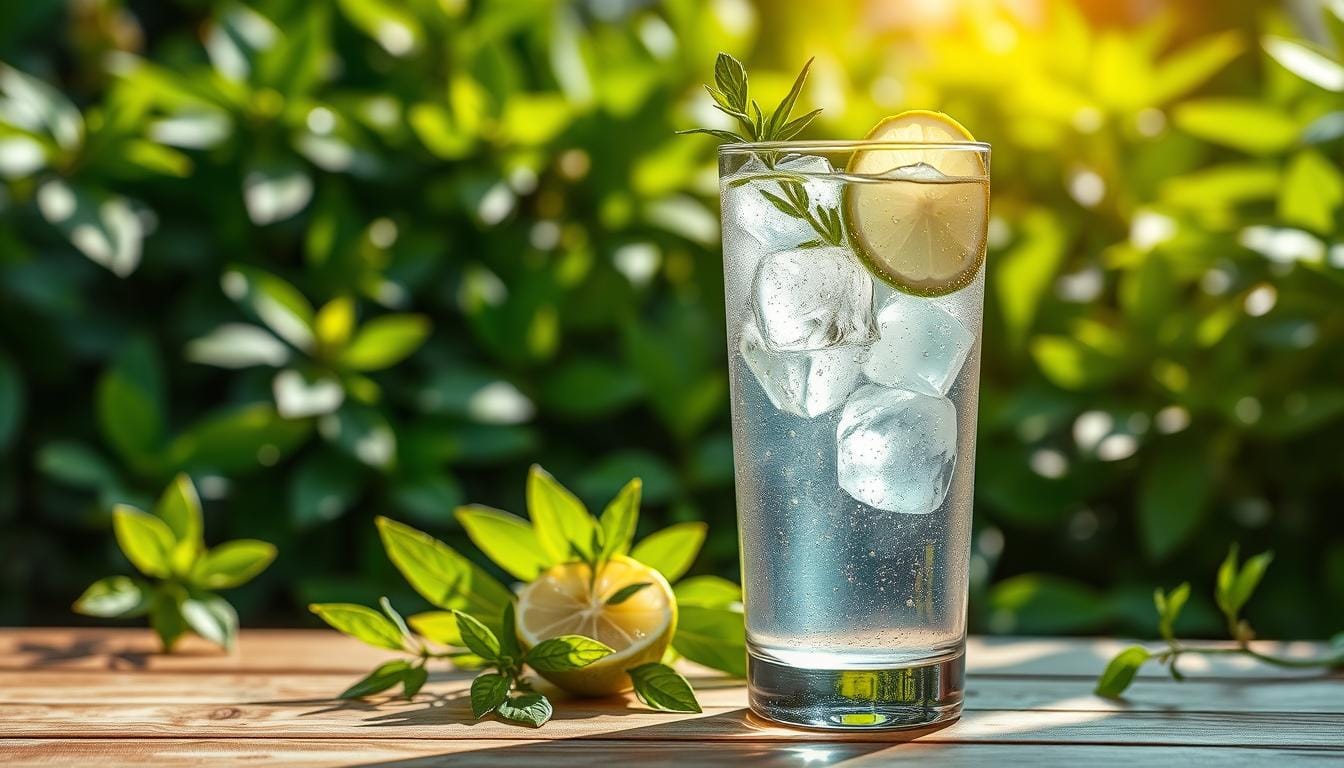 A refreshing glass of Tonic Water Nutrition with ice, garnished with a slice of lime and fresh herbs, placed on a wooden table surrounded by vibrant green foliage, sunlight streaming through, highlighting the sparkling bubbles and the clear liquid, evoking a sense of health and vitality.