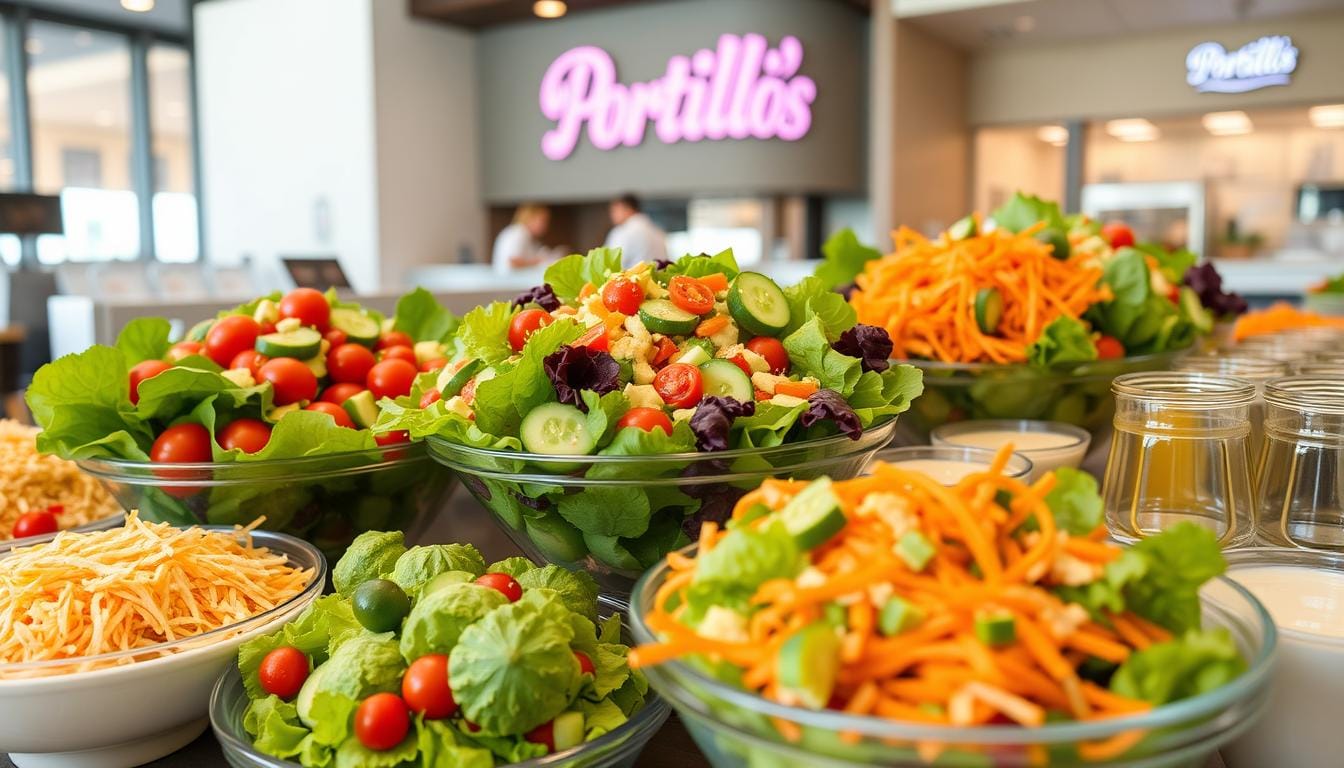 A vibrant display of colorful salads from Portillo's nutritional, showcasing fresh vegetables like leafy greens, cherry tomatoes, cucumbers, and shredded carrots, arranged artistically in bowls. Include a variety of dressings on the side, with clear glass containers reflecting light. The background should be a clean, modern restaurant setting with subtle hints of Portillo's branding, creating an inviting atmosphere for healthy eating.