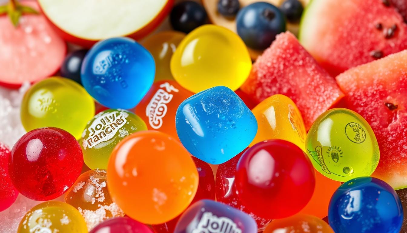 Colorful assortment of translucent Jolly Ranchers candies, showcasing vibrant hues of green apple, blue raspberry, cherry, watermelon, and grape, arranged artfully with a background of sugar crystals and fresh fruit slices like apples, berries, and melons, emphasizing the core ingredients of flavor and sweetness.