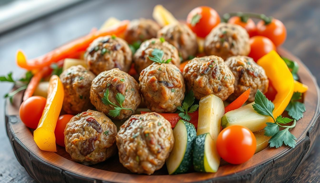 A plate of meatballs nutritional served with colorful fresh vegetables like bell peppers, cherry tomatoes, and cucumber slices, highlighting a balanced and nutrient-rich meal.