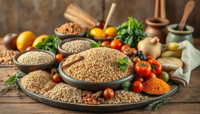 A vibrant still life featuring an array of Ancient Nutrition grains like quinoa, barley, and freekeh, alongside colorful fruits and vegetables, set on a rustic wooden table; surrounded by traditional cooking tools and herbs, with warm natural lighting highlighting the textures and colors, evoking a sense of health and vitality through traditional diets.