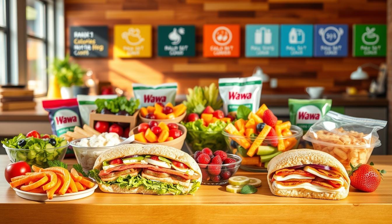 An assortment of Wawa nutrition items showcasing fresh salads, sandwiches, fruits, and snacks, highlighting Wawa's focus on nutrition and healthy food choices.