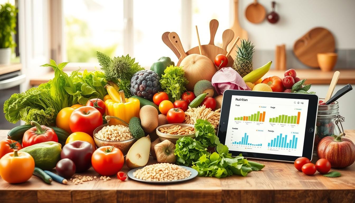 A vibrant, engaging scene depicting a diverse array of healthy Food and Nutrition Service, arranged artistically on a wooden kitchen table. Include fresh vegetables, colorful fruits, whole grains, and lean proteins, alongside cooking utensils and a digital tablet displaying graphs and infographics about nutrition trends. The background captures a modern kitchen environment with soft natural lighting, emphasizing a commitment to health and wellness in the culinary arts.