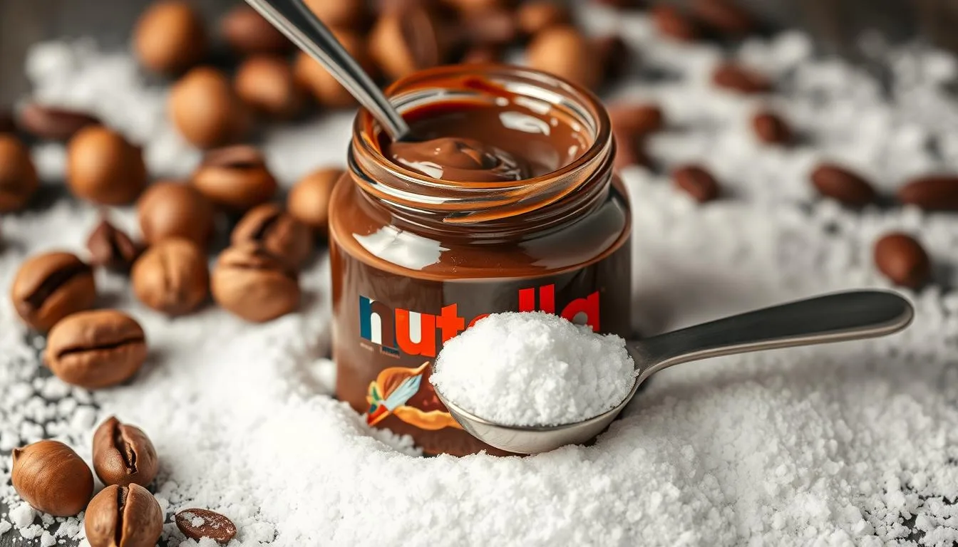 Nutella Nutrition : Jar of Nutella with Hazelnuts and Sugar Spoon