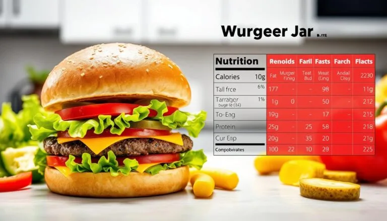 A colorful, visually appealing arrangement of a Whopper Jr nutritional burger alongside a detailed chart showing its nutritional values, including calories, fat, protein, and carbohydrates. The background is a clean, modern kitchen setting with fresh ingredients like lettuce, tomatoes, and pickles subtly placed around the burger to enhance the theme of healthy eating. The focus is on vibrant colors and textures to highlight the food.