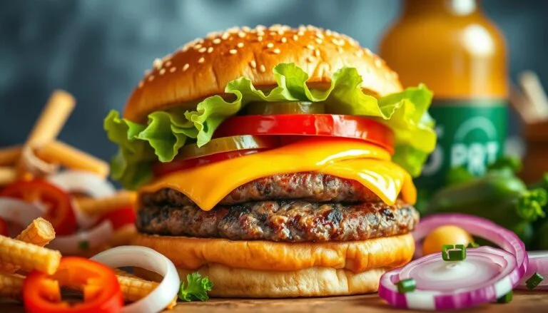 Quarter Pounder with Cheese featuring a juicy beef patty, melted cheddar, fresh lettuce, tomato slices, and a sesame seed bun, surrounded by colorful veggies.