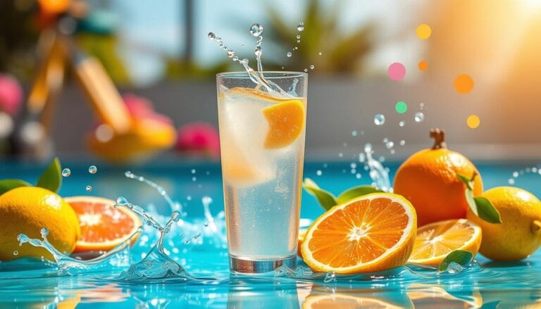 A vibrant scene showcasing a glass of Liquid IV Nutrition hydration drink, surrounded by fresh fruits like oranges and lemons, with droplets of water splashing, evoking a sense of refreshment and vitality. The background features a bright and sunny outdoor setting, hinting at energy and hydration, with subtle hints of essential vitamins illustrated through colorful abstract shapes.