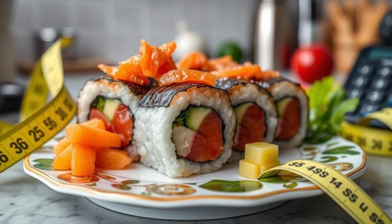 A vibrant and enticing arrangement of spicy tuna roll Nutrition on a decorative plate, accompanied by colorful side dishes like pickled ginger and wasabi, surrounded by fresh vegetables. The image captures the delicious texture of sushi rice and the vibrant colors of the spicy tuna, all set against a minimalist wooden table background, emphasizing the freshness and health benefits of this dish.