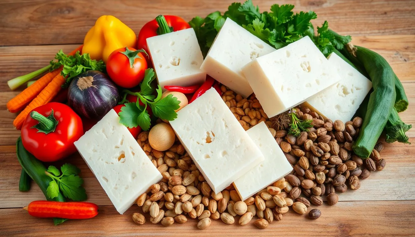 Fresh bean curd nutrition blocks surrounded by a variety of vegetables and beans, showcasing nutritious ingredients for a balanced diet