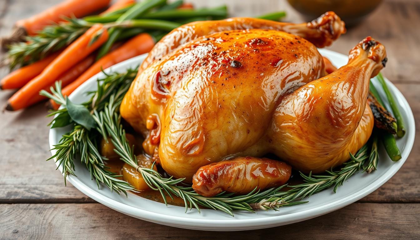 A beautifully arranged plate featuring a golden-brown Rotisserie Chicken Nutrition , surrounded by fresh herbs like rosemary and thyme, alongside vibrant vegetables such as roasted carrots and green beans, with a subtle background of a rustic wooden table. Emphasize the juicy texture of the chicken skin and the glistening seasoning, capturing the essence of nutritious, wholesome eating.