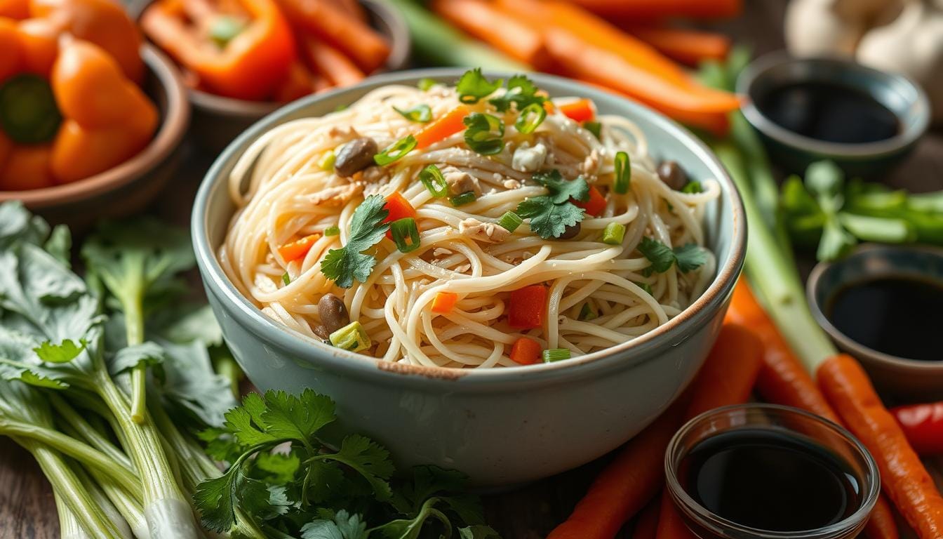 A colorful display of rice noodles nutrition in a bowl, surrounded by fresh vegetables like bok choy, carrots, and bell peppers, garnished with herbs like cilantro and green onions. The scene includes a variety of nutritious ingredients such as lean proteins like chicken or tofu, sesame seeds, and a small dish of soy sauce on the side. The background features soft light and a hint of an Asian-inspired kitchen setting, emphasizing health and vitality.